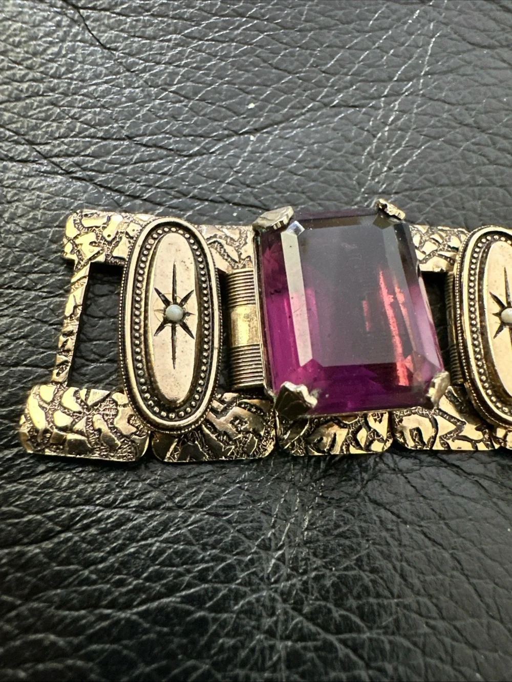 Vintage book chain panel Bracelet with Purple Glass Stones - Picture 3 of 6